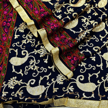 Indian Vintage Blue Dupatta Pure silk Long Stole Hand Embroidered Scarves Floral Design Stole Veil Wrap Sequins