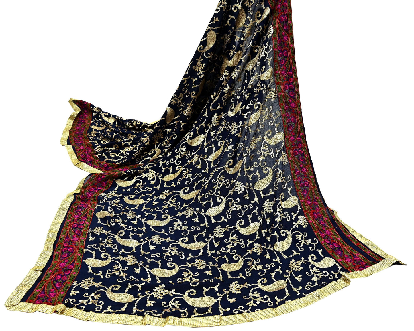Indian Vintage Blue Dupatta Pure silk Long Stole Hand Embroidered Scarves Floral Design Stole Veil Wrap Sequins