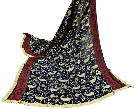 Indian Vintage Blue Dupatta Pure silk Long Stole Hand Embroidered Scarves Floral Design Stole Veil Wrap Sequins