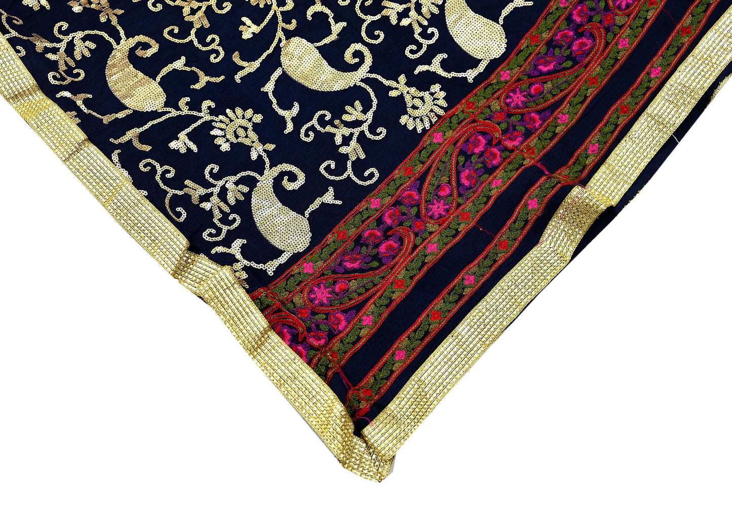 Indian Vintage Blue Dupatta Pure silk Long Stole Hand Embroidered Scarves Floral Design Stole Veil Wrap Sequins