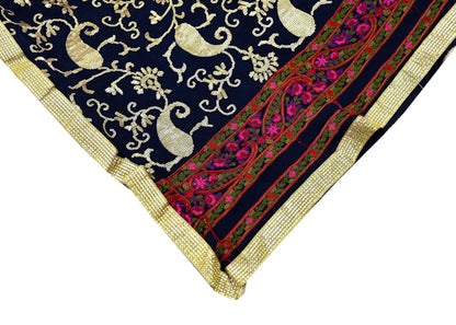 Indian Vintage Blue Dupatta Pure silk Long Stole Hand Embroidered Scarves Floral Design Stole Veil Wrap Sequins