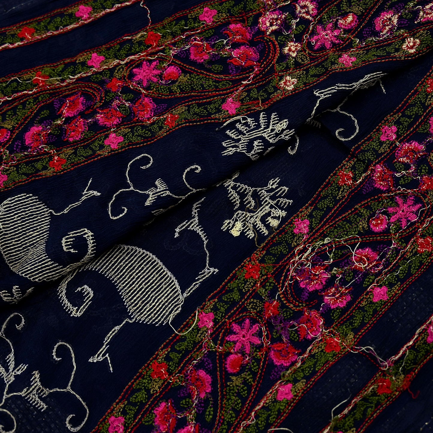 Indian Vintage Blue Dupatta Pure silk Long Stole Hand Embroidered Scarves Floral Design Stole Veil Wrap Sequins