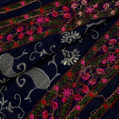 Indian Vintage Blue Dupatta Pure silk Long Stole Hand Embroidered Scarves Floral Design Stole Veil Wrap Sequins