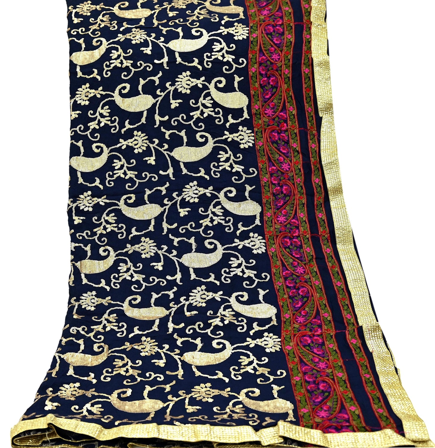 Indian Vintage Blue Dupatta Pure silk Long Stole Hand Embroidered Scarves Floral Design Stole Veil Wrap Sequins