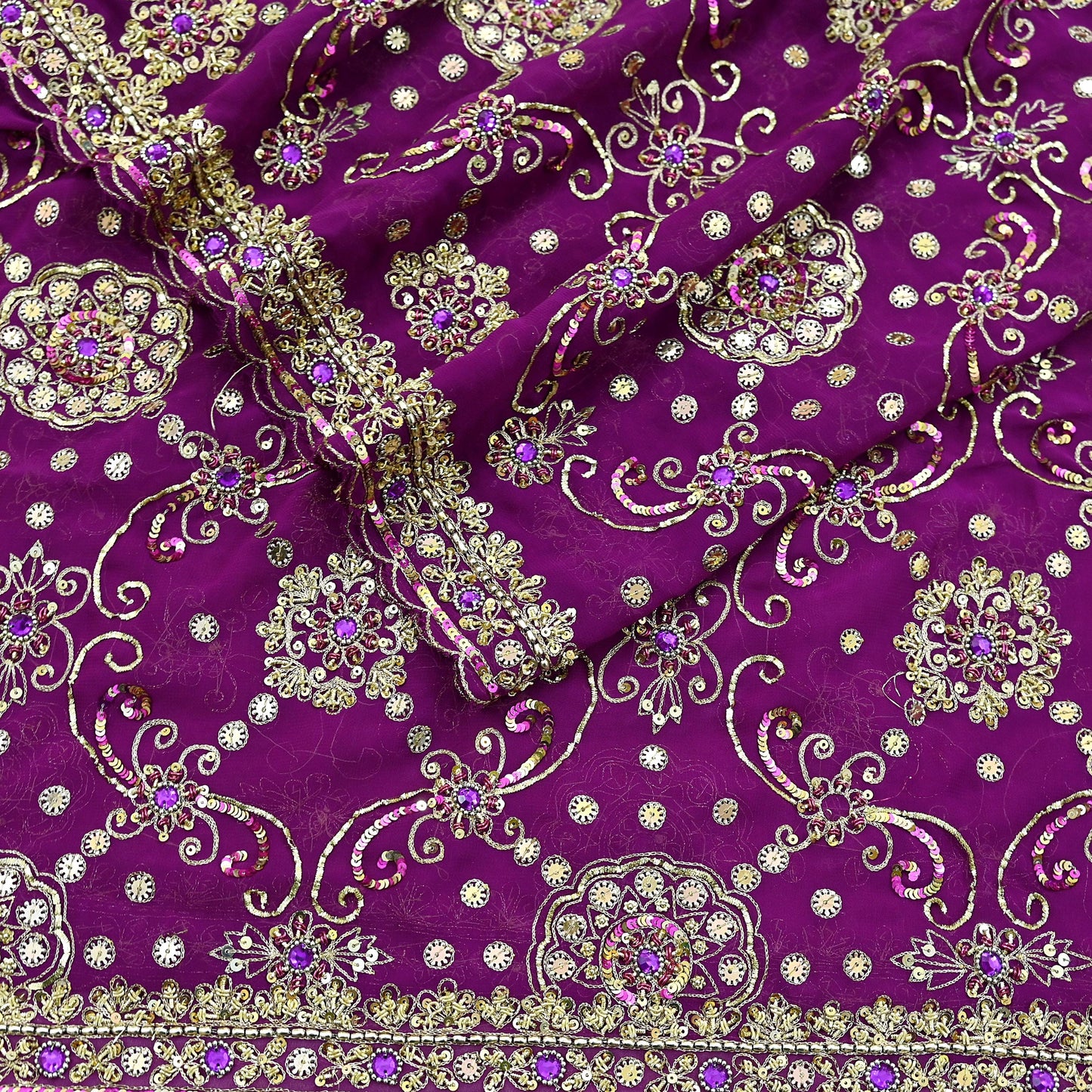 Indian Vintage Heavy Purple Dupatta Georgette Long Stole Hand Embroidered Scarf Zari Zardozi Wedding/Bridal Veil Hijab