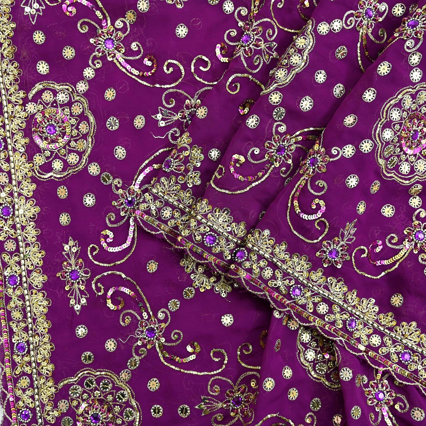 Indian Vintage Heavy Purple Dupatta Georgette Long Stole Hand Embroidered Scarf Zari Zardozi Wedding/Bridal Veil Hijab
