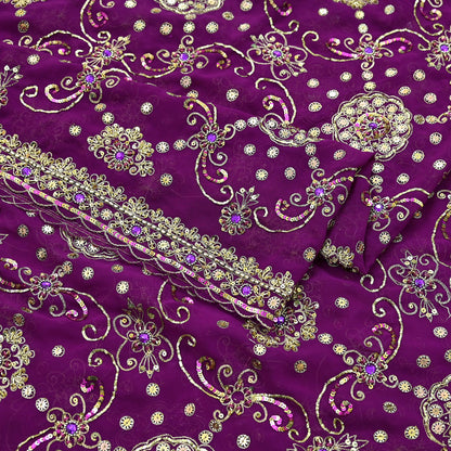 Indian Vintage Heavy Purple Dupatta Georgette Long Stole Hand Embroidered Scarf Zari Zardozi Wedding/Bridal Veil Hijab