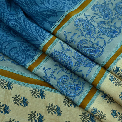 Indian Vintage Blue Saree Pure Crepe Silk Hand Embroidered Sari Craft Fabric 5yd Sewing Floral Sequins Dress making Crafting Quilting