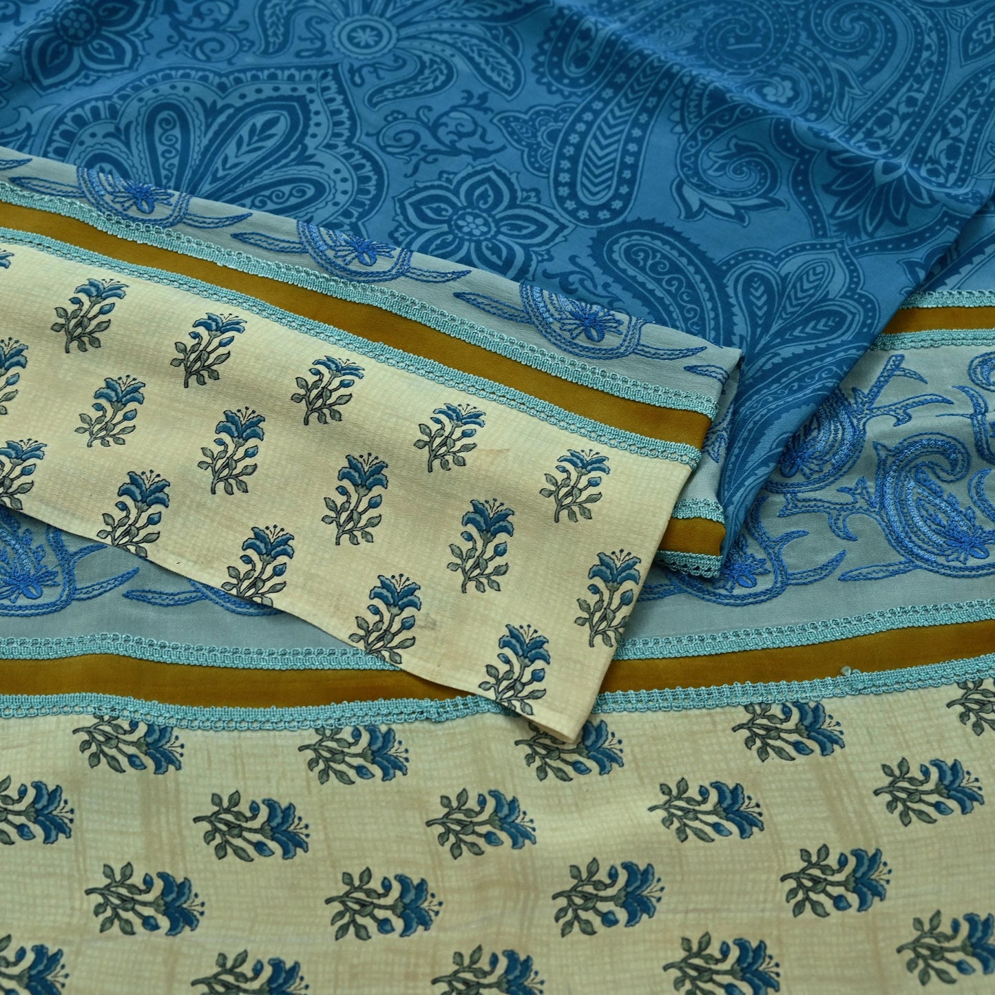 Indian Vintage Blue Saree Pure Crepe Silk Hand Embroidered Sari Craft Fabric 5yd Sewing Floral Sequins Dress making Crafting Quilting