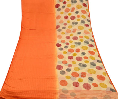 Indian Vintage Sari Orange & Beige Pure Crepe Silk Hand Woven Sarees 5yd Sewing Craft Fabric Dress making Crafting Quilting
