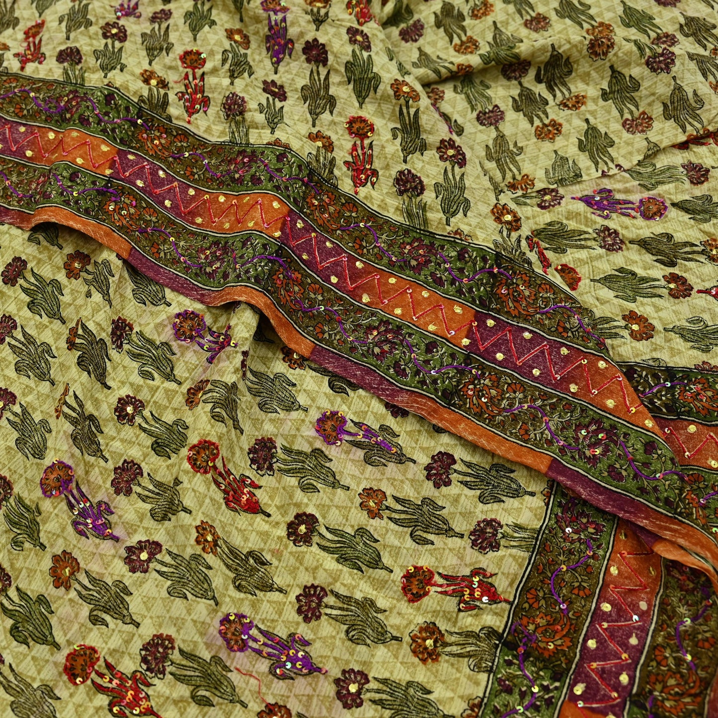 Indian Vintage Sari Multi Pure Crepe Silk Hand Embroidered Saree 5yd Craft Fabric Sewing Paisley Sequins Dress Making Crafting Quilting