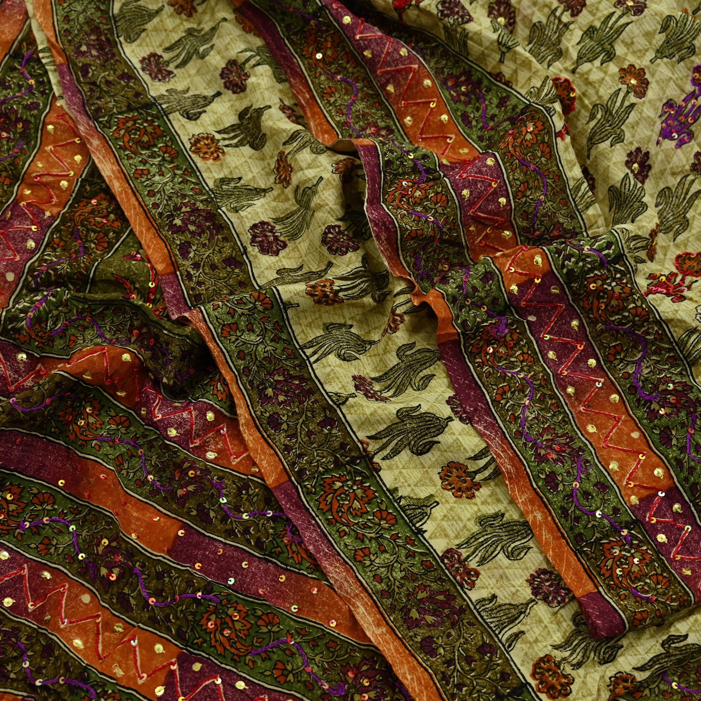 Indian Vintage Sari Multi Pure Crepe Silk Hand Embroidered Saree 5yd Craft Fabric Sewing Paisley Sequins Dress Making Crafting Quilting