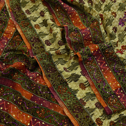 Indian Vintage Sari Multi Pure Crepe Silk Hand Embroidered Saree 5yd Craft Fabric Sewing Paisley Sequins Dress Making Crafting Quilting