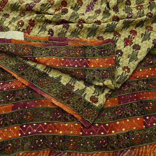 Indian Vintage Sari Multi Pure Crepe Silk Hand Embroidered Saree 5yd Craft Fabric Sewing Paisley Sequins Dress Making Crafting Quilting