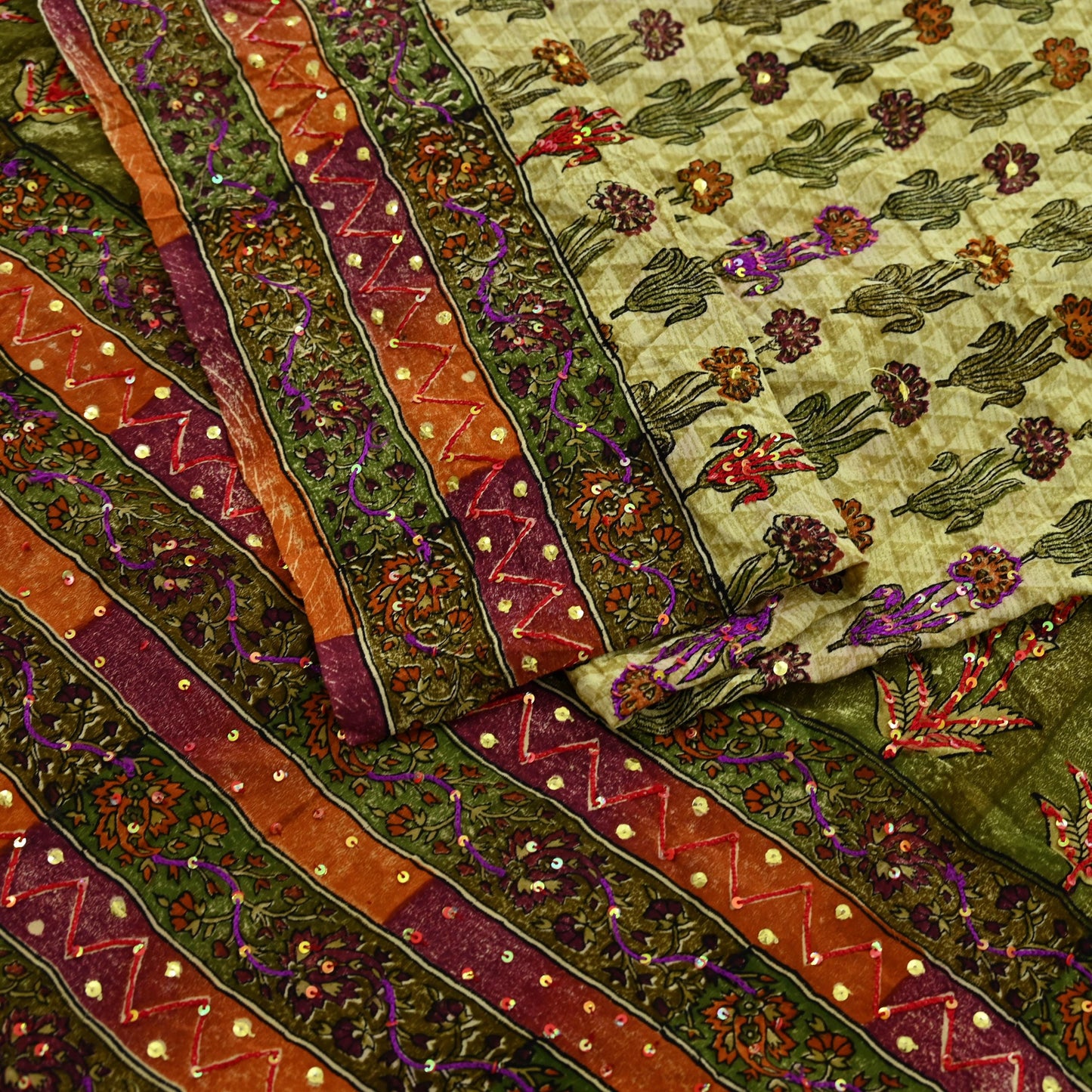 Indian Vintage Sari Multi Pure Crepe Silk Hand Embroidered Saree 5yd Craft Fabric Sewing Paisley Sequins Dress Making Crafting Quilting