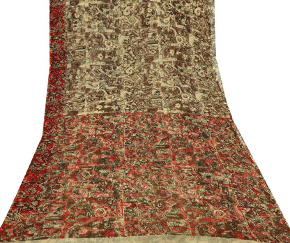 Women Vintage Sari Beige Pure Chiffon Silk Printed Sarees Craft Fabric Sewing 5Yd Soft Dress Making Floral Crafting Quilting Upcycle Used