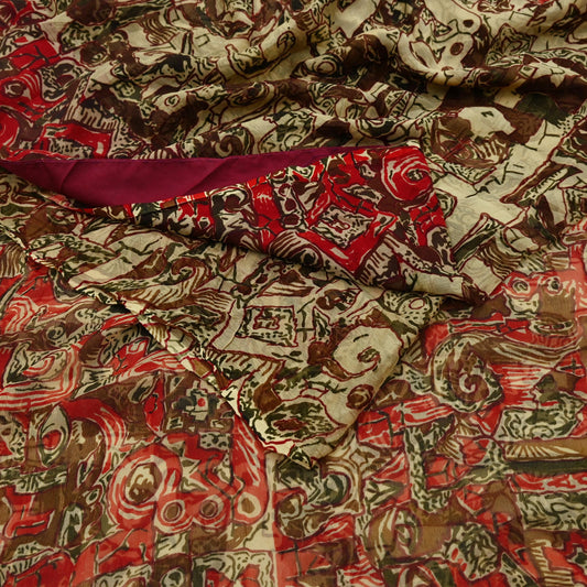 Women Vintage Sari Beige Pure Chiffon Silk Printed Sarees Craft Fabric Sewing 5Yd Soft Dress Making Floral Crafting Quilting Upcycle Used