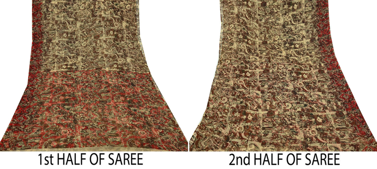 Women Vintage Sari Beige Pure Chiffon Silk Printed Sarees Craft Fabric Sewing 5Yd Soft Dress Making Floral Crafting Quilting Upcycle Used
