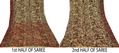 Women Vintage Sari Beige Pure Chiffon Silk Printed Sarees Craft Fabric Sewing 5Yd Soft Dress Making Floral Crafting Quilting Upcycle Used