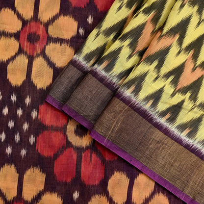 Indian Vintage Beige & Brown Saree Pure Silk Pochampally Hand Woven Ikat Sari Craft Fabric 5Yd Ethnic Zari Border Dress making Fringes
