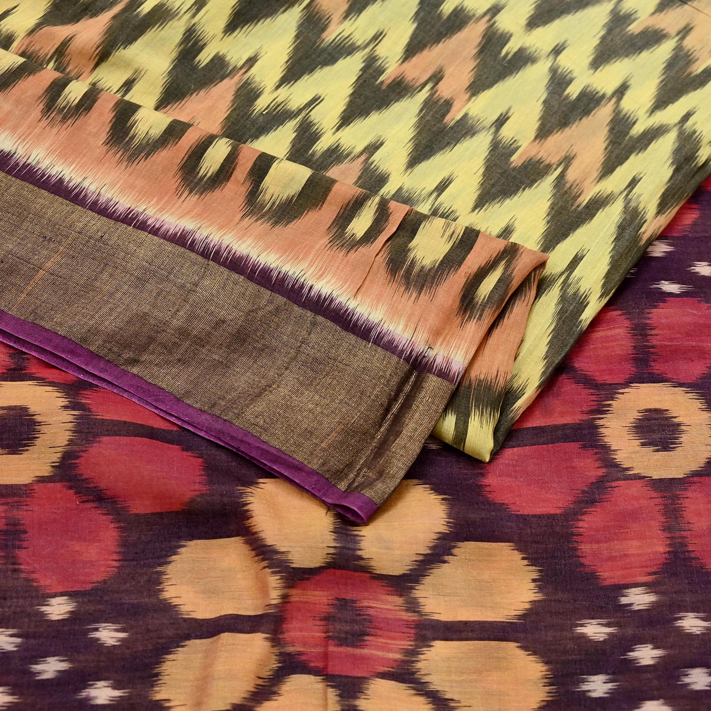 Indian Vintage Beige & Brown Saree Pure Silk Pochampally Hand Woven Ikat Sari Craft Fabric 5Yd Ethnic Zari Border Dress making Fringes