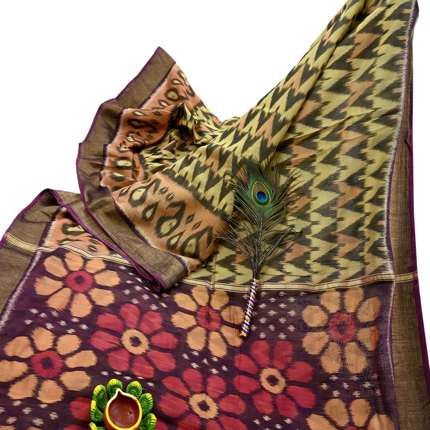 Indian Vintage Beige & Brown Saree Pure Silk Pochampally Hand Woven Ikat Sari Craft Fabric 5Yd Ethnic Zari Border Dress making Fringes