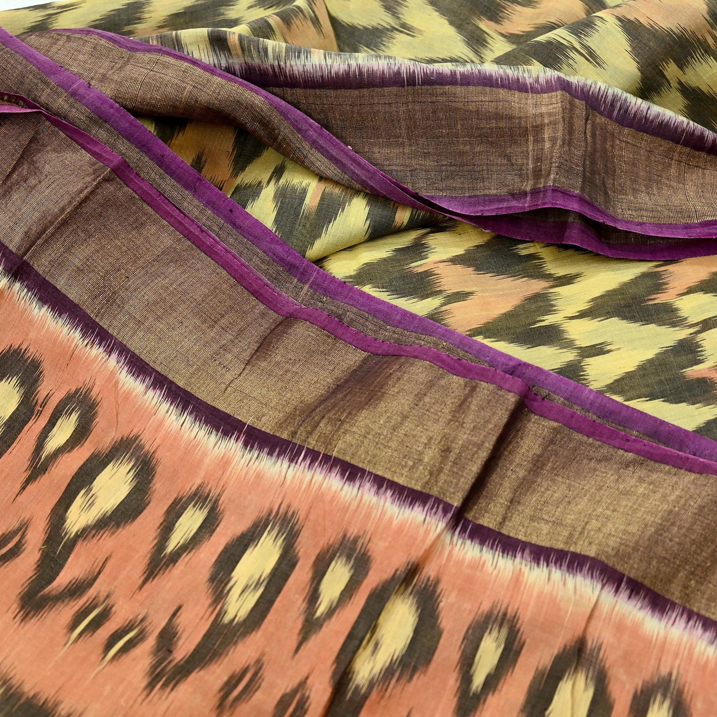 Indian Vintage Beige & Brown Saree Pure Silk Pochampally Hand Woven Ikat Sari Craft Fabric 5Yd Ethnic Zari Border Dress making Fringes