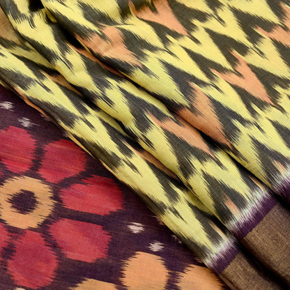 Indian Vintage Beige & Brown Saree Pure Silk Pochampally Hand Woven Ikat Sari Craft Fabric 5Yd Ethnic Zari Border Dress making Fringes