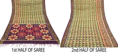 Indian Vintage Beige & Brown Saree Pure Silk Pochampally Hand Woven Ikat Sari Craft Fabric 5Yd Ethnic Zari Border Dress making Fringes