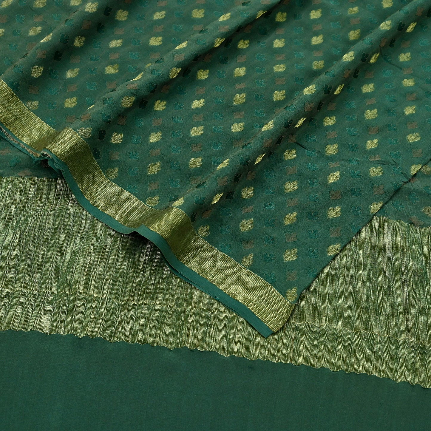 Indian Vintage Sari Green Pure Silk Hand Woven Sarees Fabric 5Yd Ethnic Dress Making Crafting Upcycle Quilting Zari Border