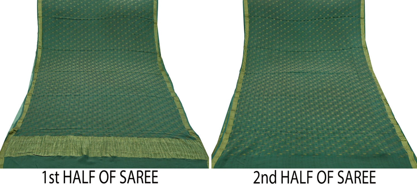 Indian Vintage Sari Green Pure Silk Hand Woven Sarees Fabric 5Yd Ethnic Dress Making Crafting Upcycle Quilting Zari Border