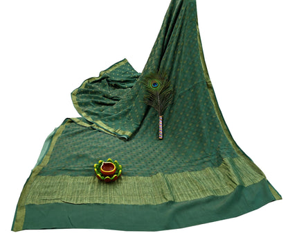Indian Vintage Sari Green Pure Silk Hand Woven Sarees Fabric 5Yd Ethnic Dress Making Crafting Upcycle Quilting Zari Border