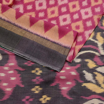 Indian Vintage Pink & Brown Saree Pure Silk Pochampally Hand Woven Ikat Sari Craft Fabric 5Yd Ethnic Zari Border Dress making Fringes