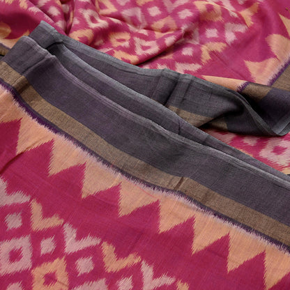 Indian Vintage Pink & Brown Saree Pure Silk Pochampally Hand Woven Ikat Sari Craft Fabric 5Yd Ethnic Zari Border Dress making Fringes
