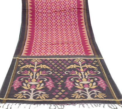 Indian Vintage Pink & Brown Saree Pure Silk Pochampally Hand Woven Ikat Sari Craft Fabric 5Yd Ethnic Zari Border Dress making Fringes