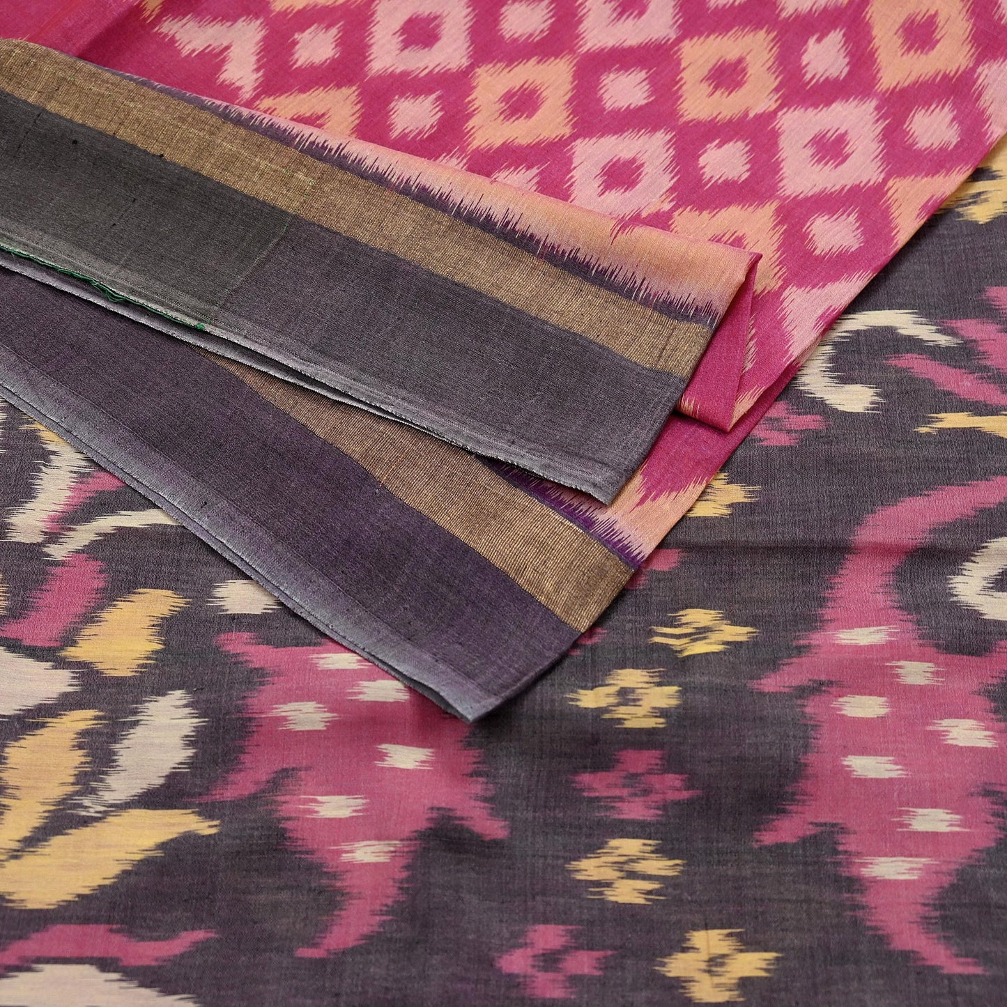 Indian Vintage Pink & Brown Saree Pure Silk Pochampally Hand Woven Ikat Sari Craft Fabric 5Yd Ethnic Zari Border Dress making Fringes