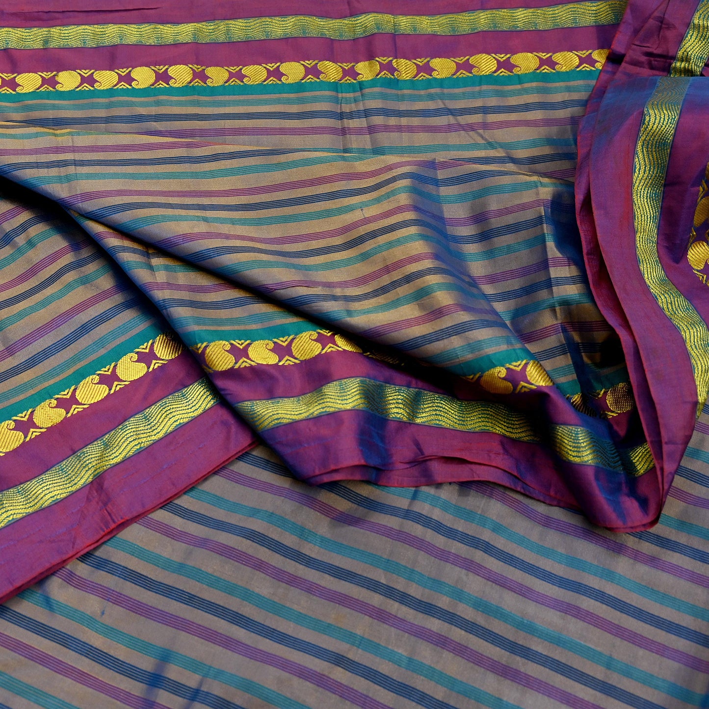 Indian Vintage Sari Blue & Saffron Artificial Silk Hand Woven Sarees 5yd Ethnic Craft Fabric Sewing Dress making Crafting