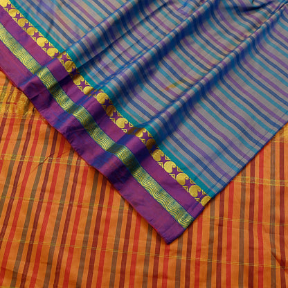 Indian Vintage Sari Blue & Saffron Artificial Silk Hand Woven Sarees 5yd Ethnic Craft Fabric Sewing Dress making Crafting