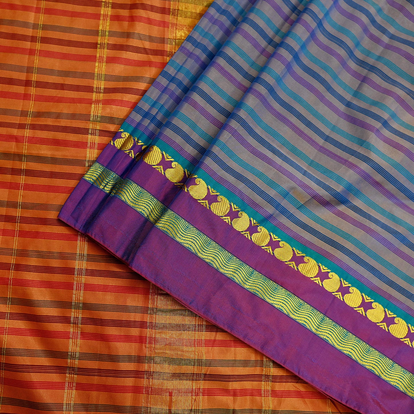 Indian Vintage Sari Blue & Saffron Artificial Silk Hand Woven Sarees 5yd Ethnic Craft Fabric Sewing Dress making Crafting