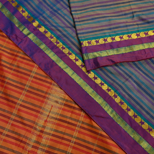 Indian Vintage Sari Blue & Saffron Artificial Silk Hand Woven Sarees 5yd Ethnic Craft Fabric Sewing Dress making Crafting
