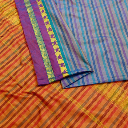 Indian Vintage Sari Blue & Saffron Artificial Silk Hand Woven Sarees 5yd Ethnic Craft Fabric Sewing Dress making Crafting