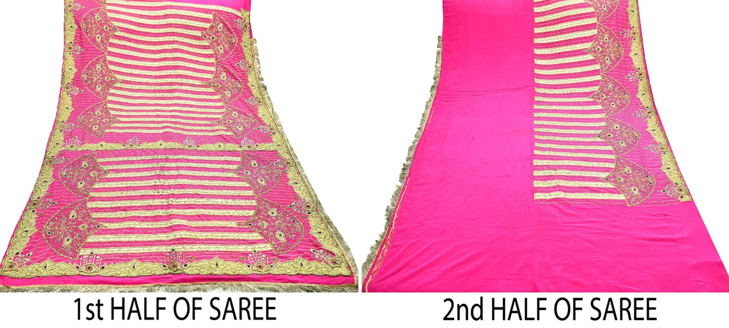 Indian Antique Vintage Pink Saree Pure Crepe Silk Hand Embroidered Sari Craft Fabric 5Yd Sewing Soft Zardozi/Dabka Sequins