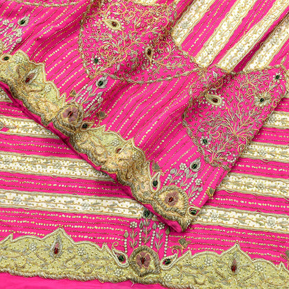 Indian Antique Vintage Pink Saree Pure Crepe Silk Hand Embroidered Sari Craft Fabric 5Yd Sewing Soft Zardozi/Dabka Sequins