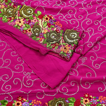 Indian Pre-owned Heavy Sari Rani Pink Pure Georgette Silk Hand Embroidered Sarees Designer Abu Jani 6Yd Sewing Ethnic Sarees