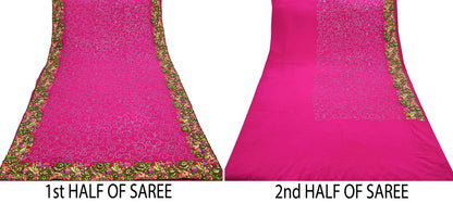 Indian Pre-owned Heavy Sari Rani Pink Pure Georgette Silk Hand Embroidered Sarees Designer Abu Jani 6Yd Sewing Ethnic Sarees