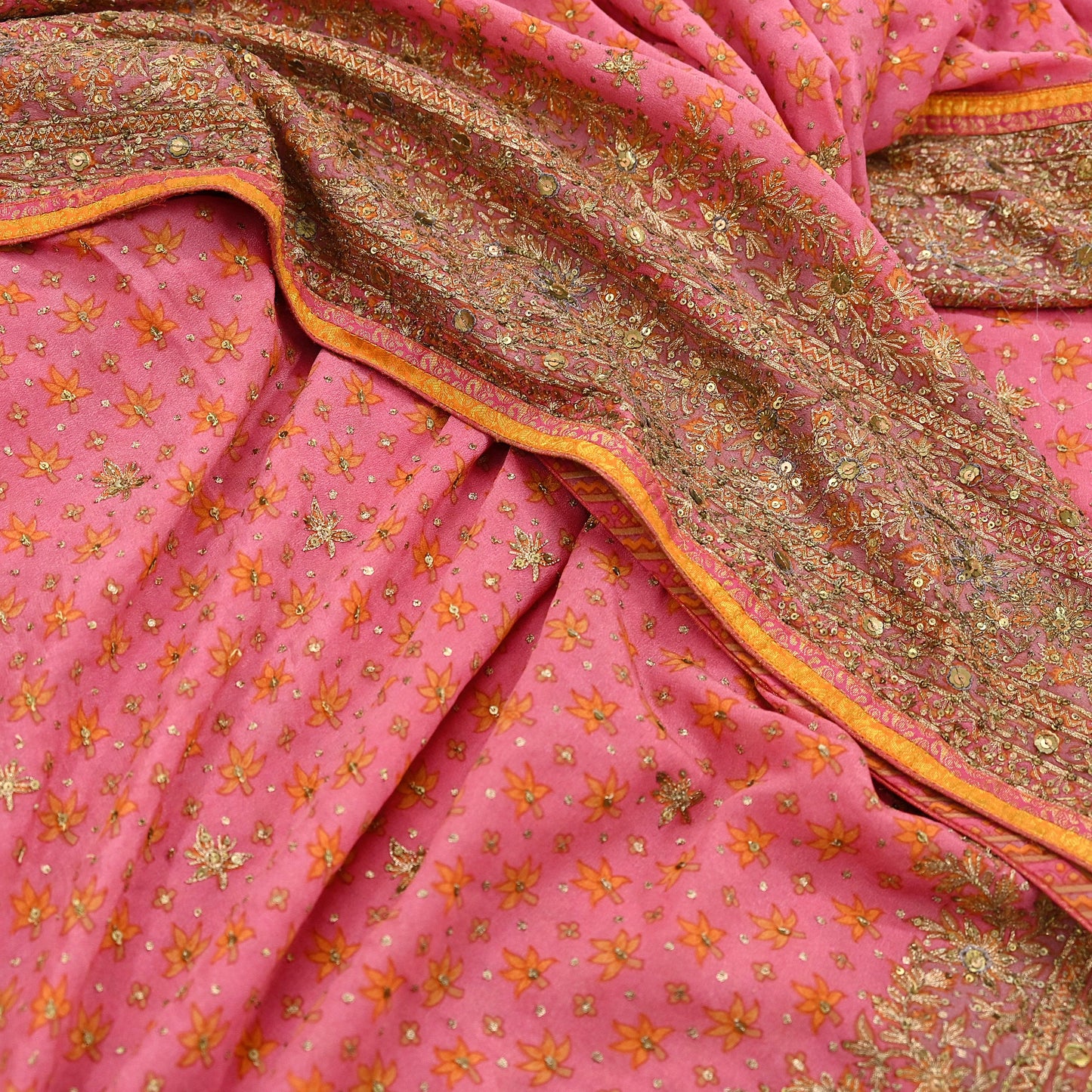 Indian Vintage Pink Saree Pure Georgette Silk Pre-owned Hand Beaded Ritu Kumar Designer Sari Fabric 6Yd Soft Ethnic Bollywood Party sarees