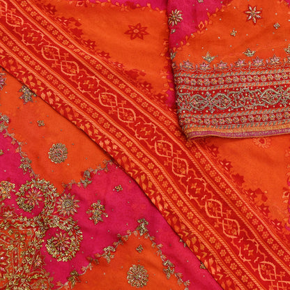 Indian Vintage Pink & Orange Saree Pure Georgette Silk Pre-owned Hand Beaded Ritu Kumar Designer Sari 6Yd Soft Ethnic Bollywood Party sarees