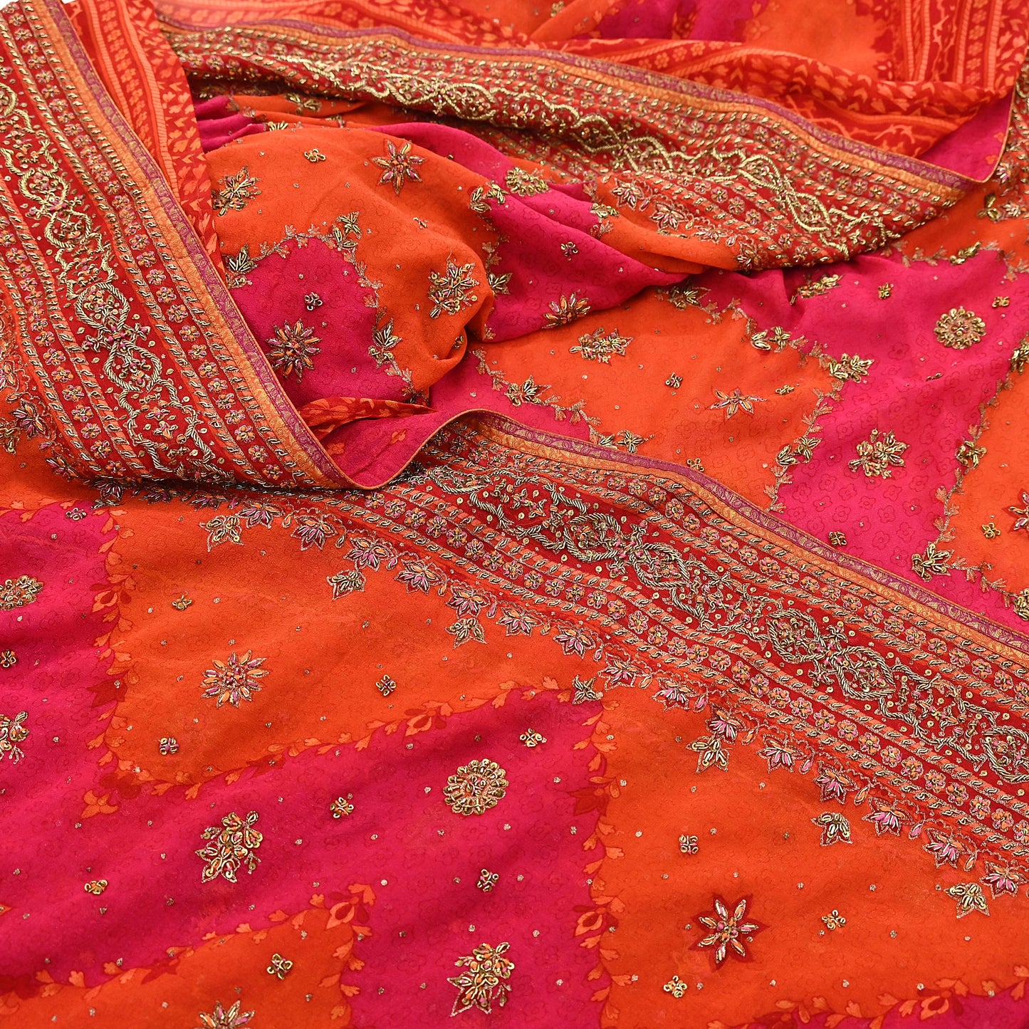 Indian Vintage Pink & Orange Saree Pure Georgette Silk Pre-owned Hand Beaded Ritu Kumar Designer Sari 6Yd Soft Ethnic Bollywood Party sarees