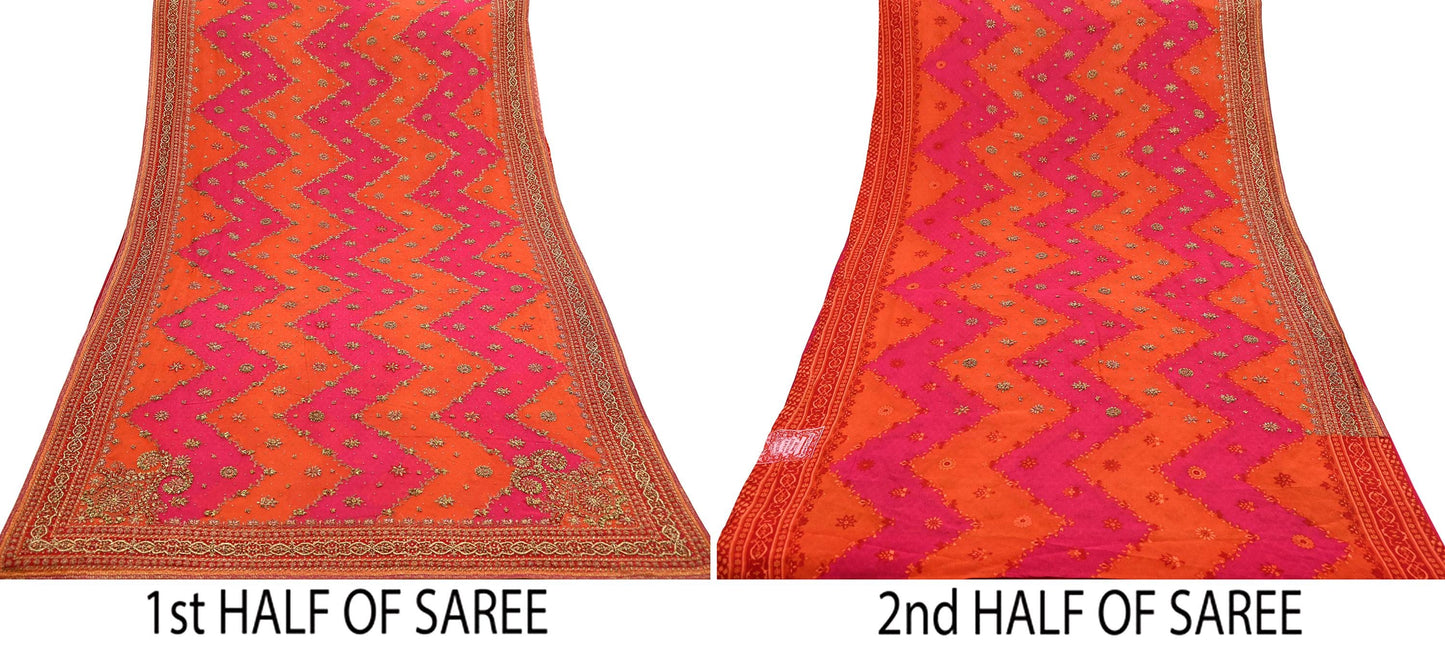 Indian Vintage Pink & Orange Saree Pure Georgette Silk Pre-owned Hand Beaded Ritu Kumar Designer Sari 6Yd Soft Ethnic Bollywood Party sarees