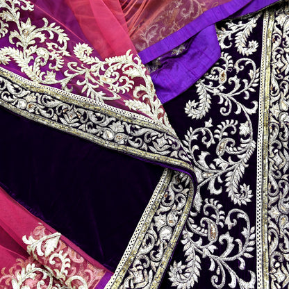 Indian Pre-Owned Sari Purple & Pink Net/Mesh/Velvet Hand Embroidered Designer Manish Malhotra Sarees Ethnic Zardozi/Dabka Zari Wedding Saree